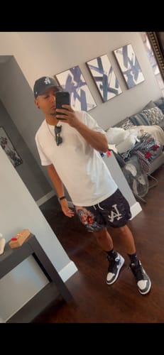 Customer photo review of LA 'Ave Maria' Premium Mesh Shorts