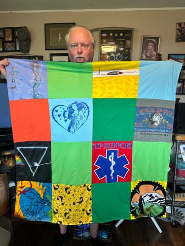 T-shirt quilt with emergency services, healthcare themes by DIANE from WA