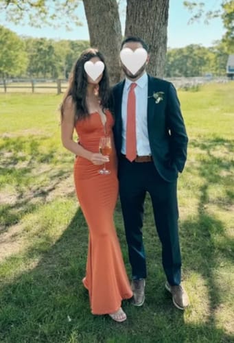 Customer photo review of Rosa Jersey Hardware Detail Strapless Stretch Maxi Dress