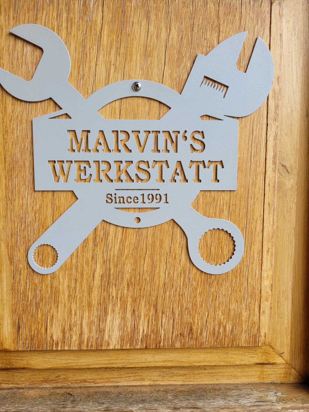 Customer photo review of Werkstattschild - Maulschlüssel aus edlem Stahl (personalisierbar)