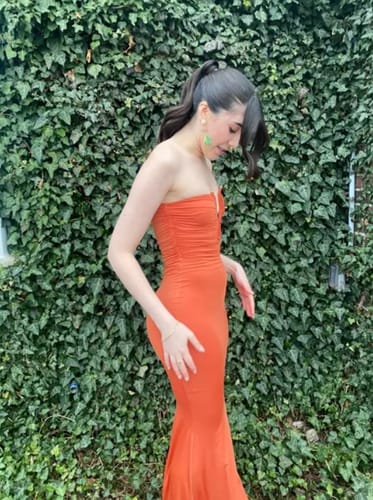 Customer photo review of Rosa Jersey Hardware Detail Strapless Stretch Maxi Dress