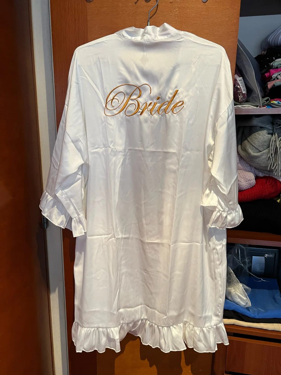 Customer photo review of EMBROIDERED BRIDE & BRIDESMAIDS RUFFLE SATIN ROBE (AVAILABLE IN 8 COLOURS & SIZES 8 - 20)