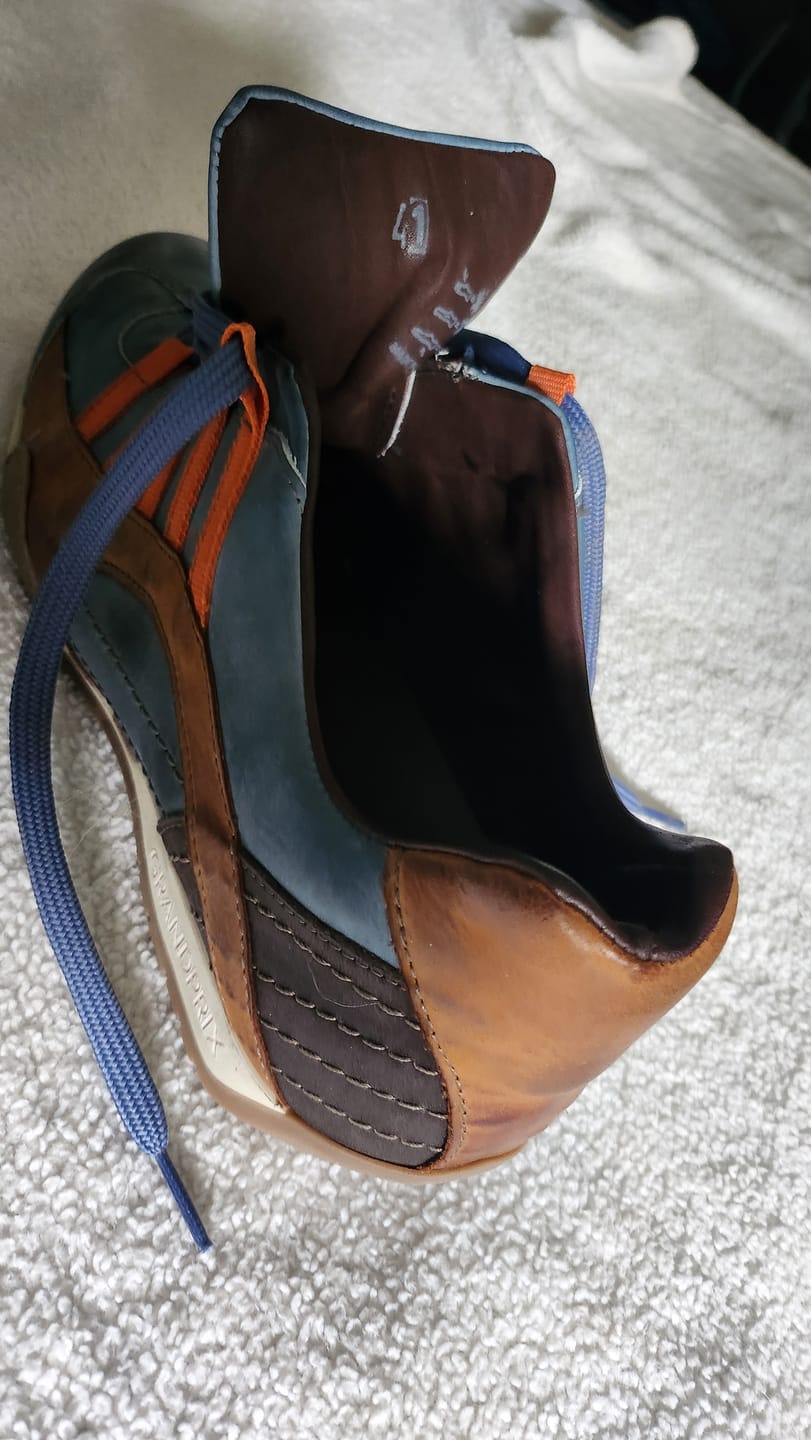 Customer photo review of Men's GrandPrix Sneaker in Monza Indigo (Navy and Orange)