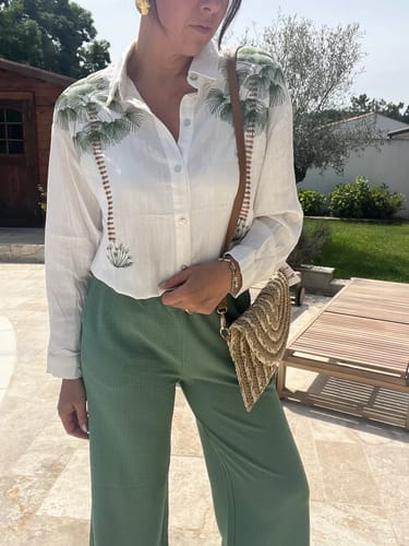 Customer photo review of Tropical Calling Linen Blend Unique Print Loose Blouse and  Elastic Waist Pocket Pants Set
