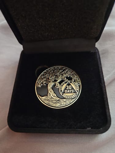 Customer photo review of 30 Days Sobriety Mint Twisted Tree of Life Gold Plated AA Recovery Medallion - 1 Month Chip/Coin - Black + Velvet Case