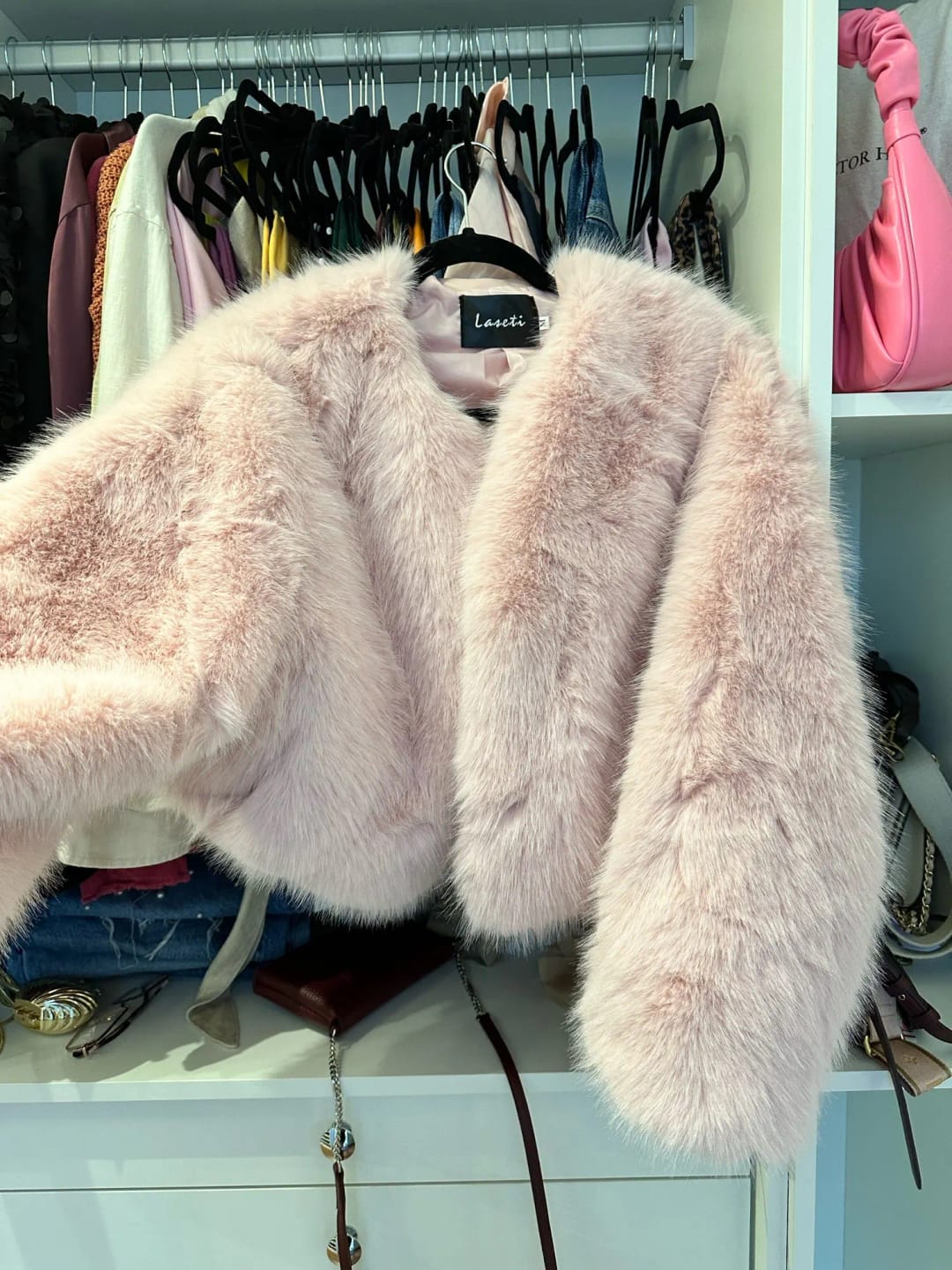 Customer photo review of ELLE CROPPED FAUX FUR BRIDE JACKET IN PINK