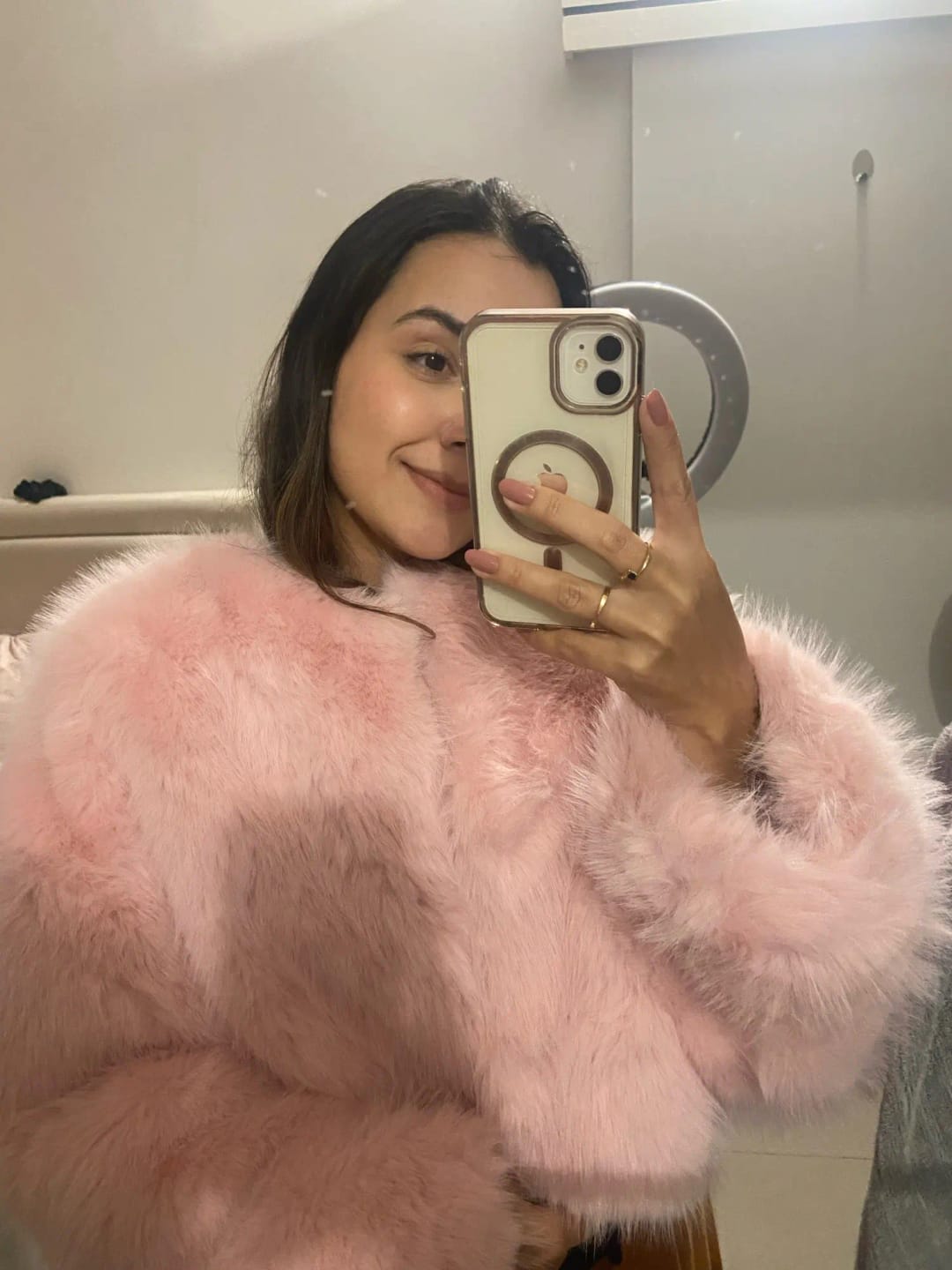 Customer photo review of ELLE CROPPED FAUX FUR BRIDE JACKET IN PINK