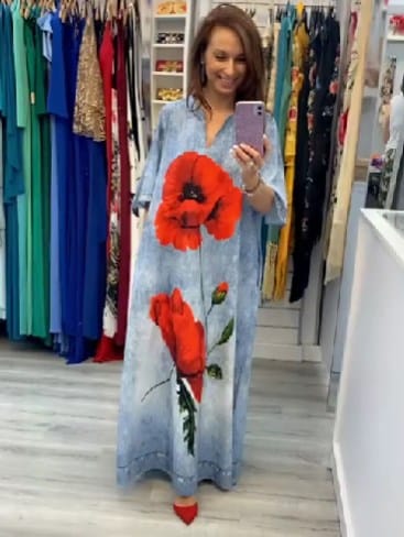 Customer photo review of Poppy Imitation Denim Fabric Print Bell Sleeve Pocket Maxi Dress