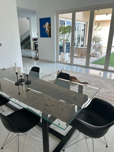 Customer photo review of RailWay Wood with Glass Top Dining Table (4 Sizes)