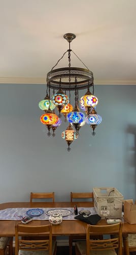 Customer photo review of 11-BALL TURKISH SULTAN MOSAIC CHANDELIER, LARGE GLOBES 10 TO CHOOSE
