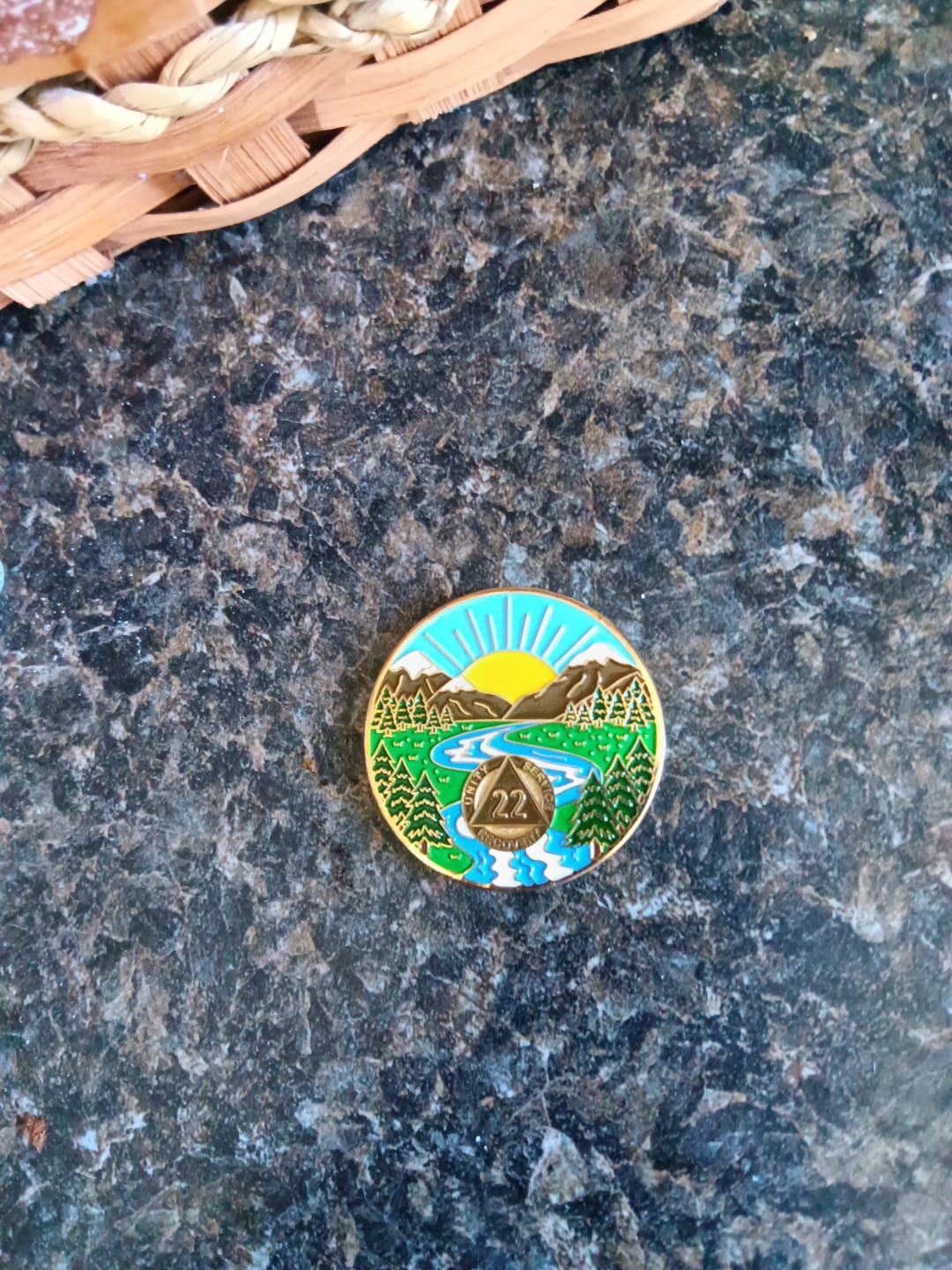 Customer photo review of 22 Year Sobriety Mint Winding River Gold Plated AA Recovery Medallion - Twenty Two Year Chip/Coin