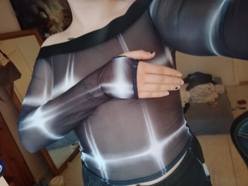 Customer photo review of Tie dye contrast off shoulder long sleeve gloves sheer mesh see through top grunge 90s Streetwear Disheveled Chic Fashion grunge 90s Streetwear Distressed Fashion