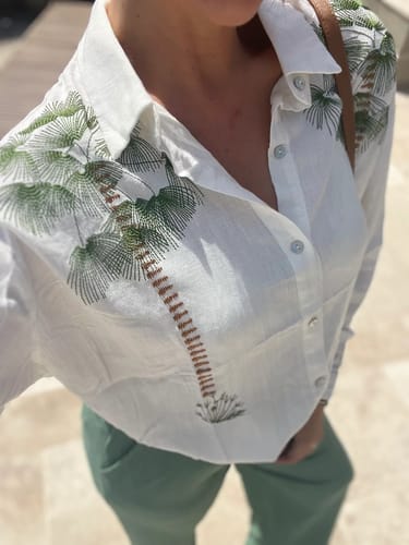 Customer photo review of Tropical Calling Linen Blend Unique Print Loose Blouse and  Elastic Waist Pocket Pants Set