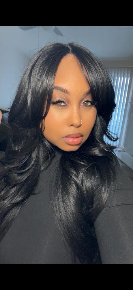 Customer photo review of Shake-N-Go Freetress Equal Synthetic Curtain Bang HD Lace Wig - BOMBSHELL