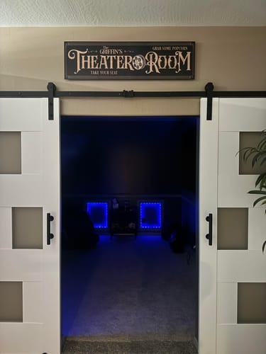 Customer photo review of Personalized Theater Room Sign Black and Gold