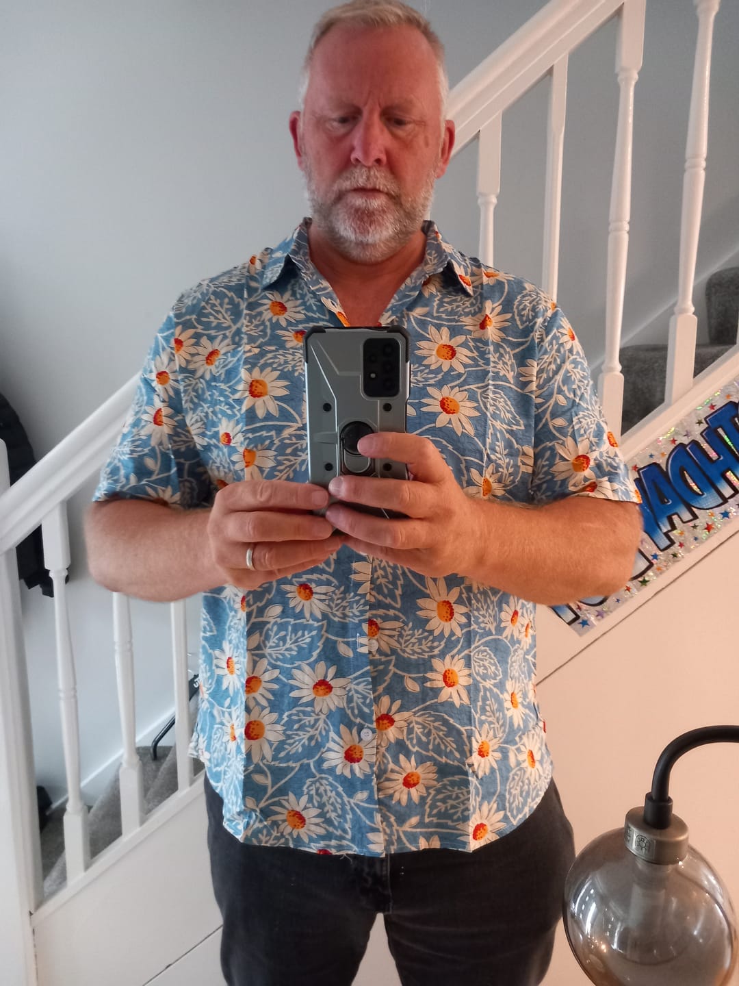 Customer photo review of Men's Retro Beach Hawaiian Cotton Holiday Button Up Blue Short Sleeve Floral Shirt