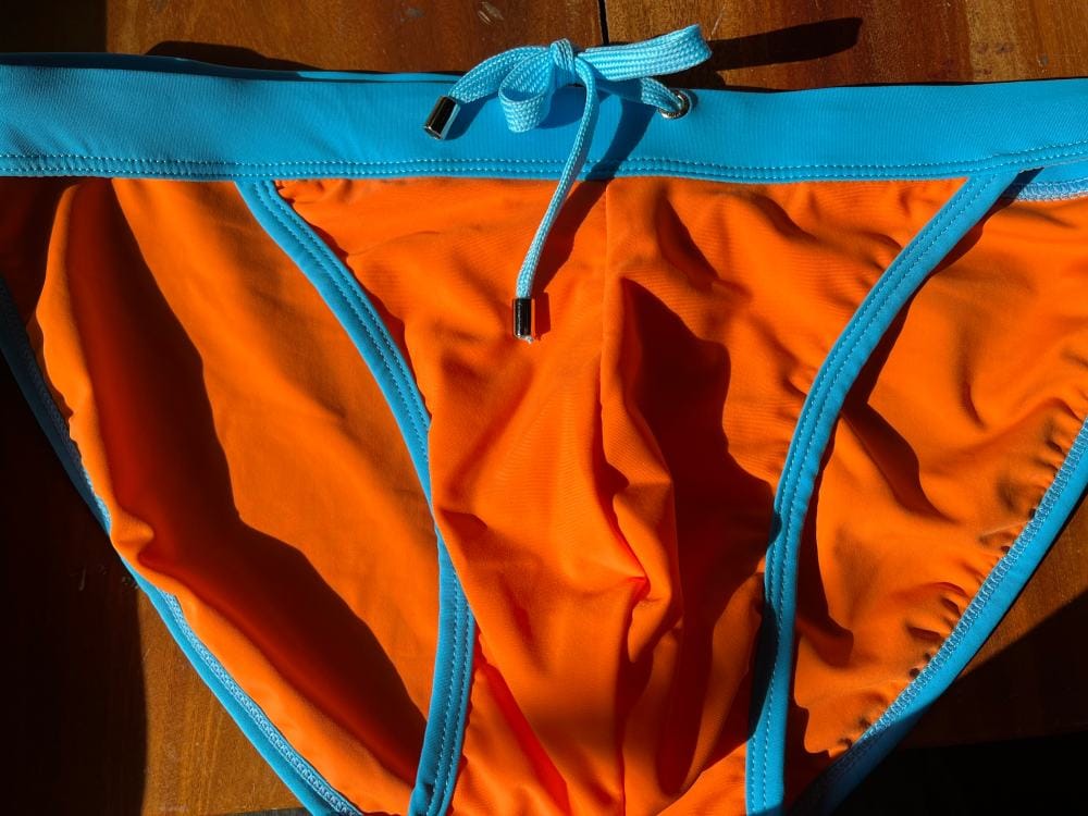 Customer photo review of Men's Dual-Tone Swim Briefs with Removable Padding