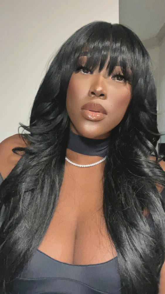 Customer photo review of Shake-N-Go Freetress Equal Synthetic Curtain Bang HD Lace Wig - BOMBSHELL