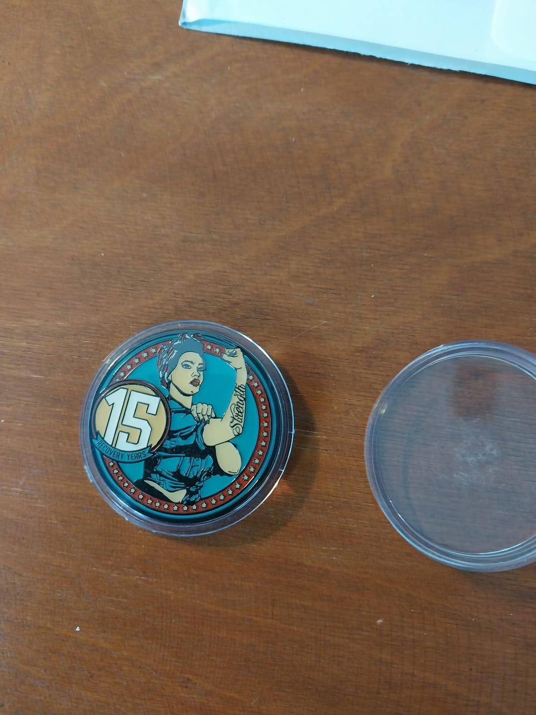 Customer photo review of Rosie Recovery Strength 15 Year AA/NA Medallion - Tri-Plate Fifteen Year Chip/Coin