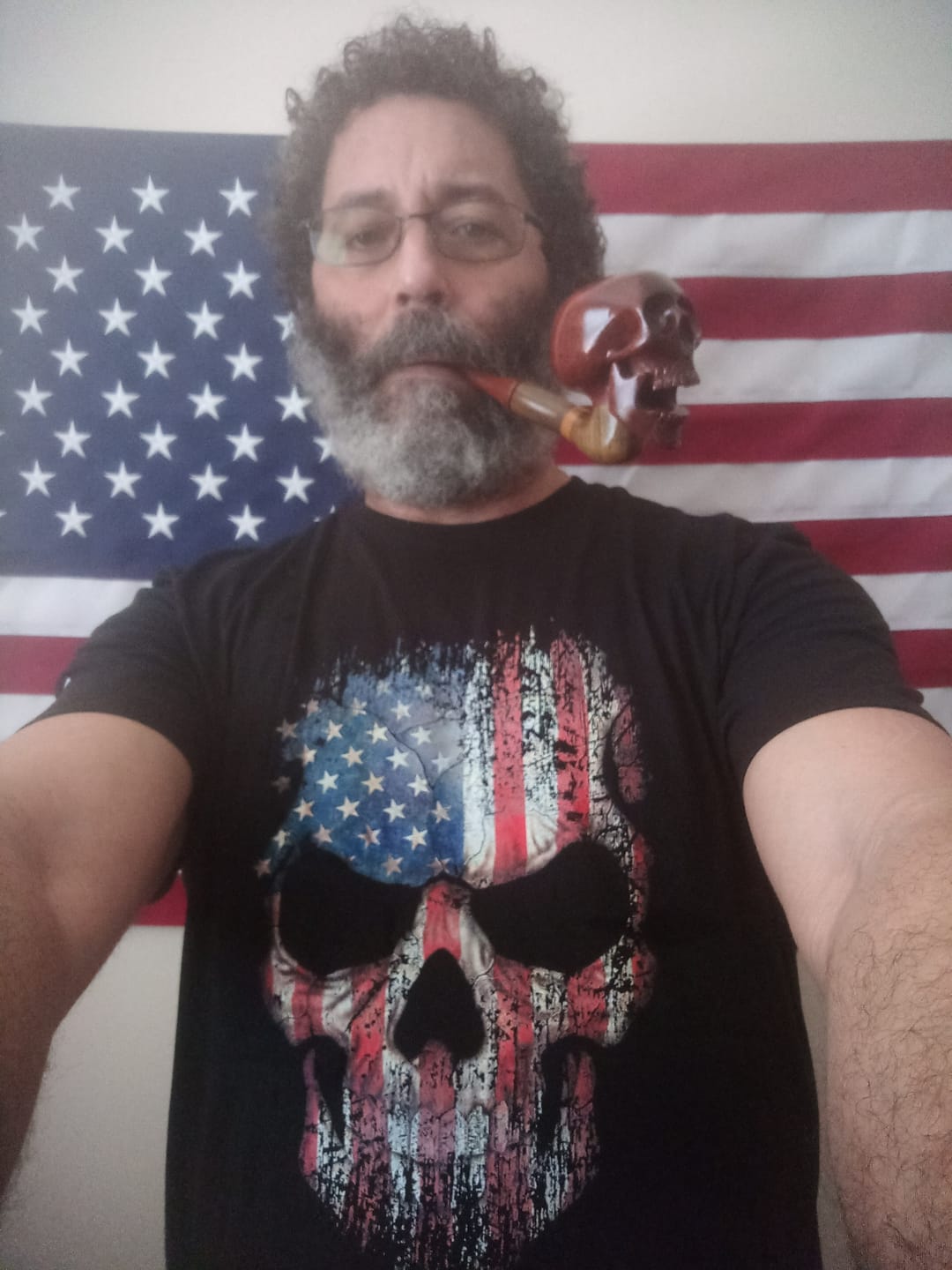 Customer photo review of USA Flag Skull T-Shirt