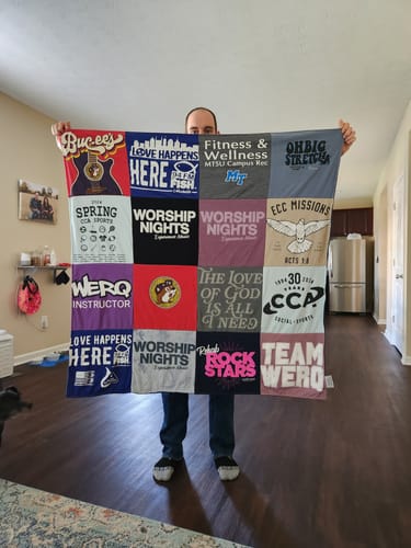 T-shirt quilt with fitness, religion themes by Karen from IN
