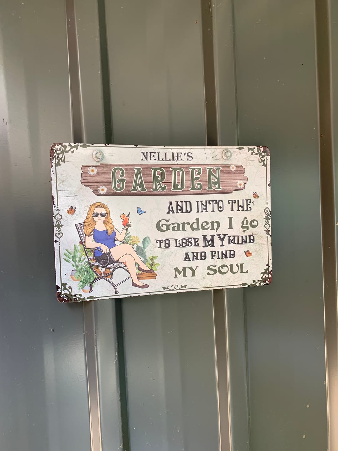 Customer photo review of And Into The Garden I Go Gardening Girl - Garden Sign - Personalized Custom Classic Metal Signs