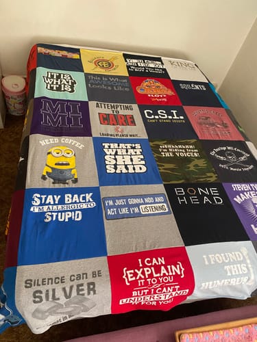 T-shirt quilt with humor, coffee themes by April from CA