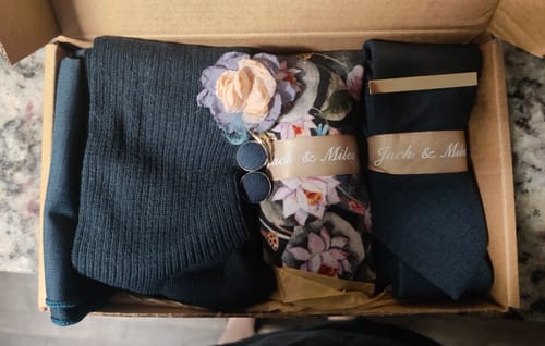 Customer photo review of Water Lily Navy Sock and Tie Groom Set