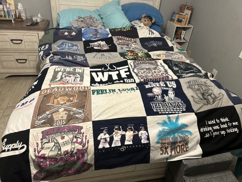 T-shirt quilt with outdoor activities, entertainment themes by Carole from FL