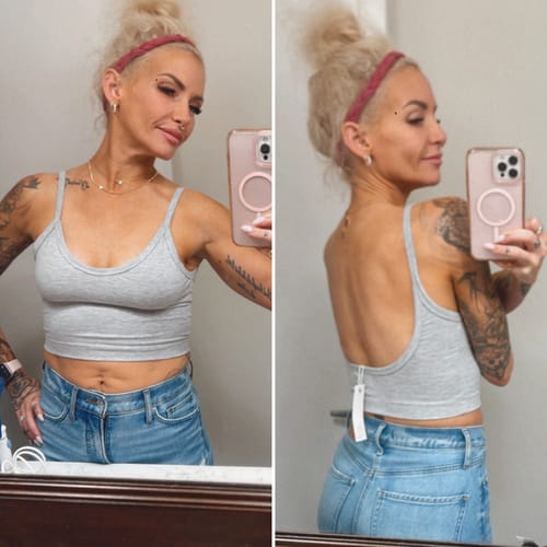 Customer photo review of Hebe Grey Backless Crop Tank Top
