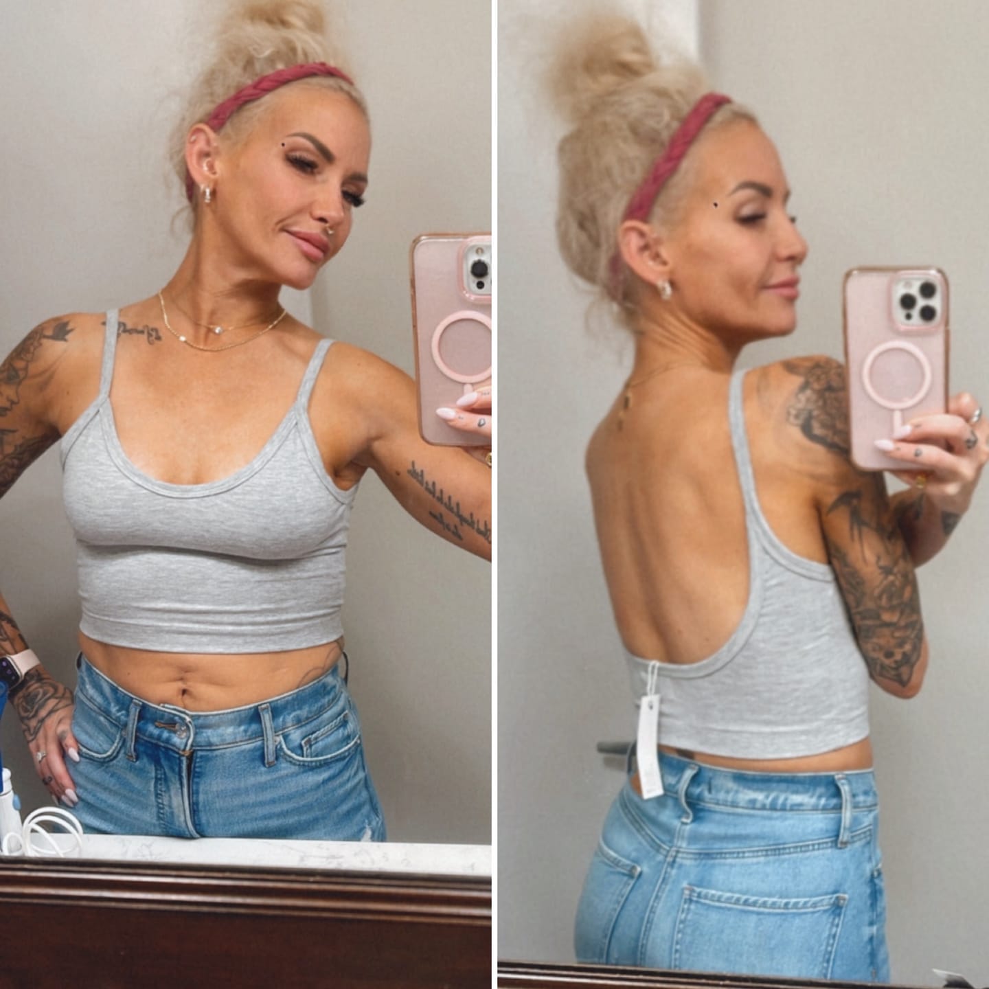 Customer photo review of Hebe Grey Backless Crop Tank Top