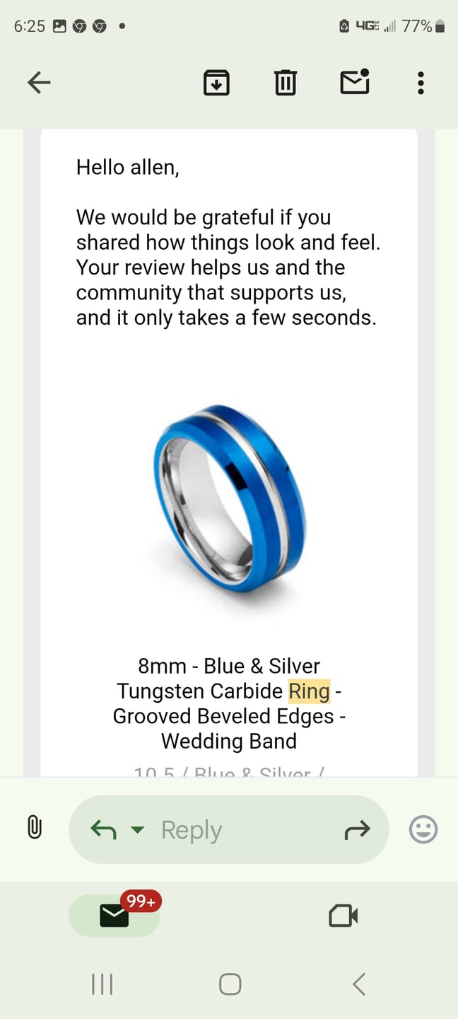 Customer photo review of 8mm - Blue & Silver Tungsten Carbide Ring - Grooved Beveled Edges - Wedding Band