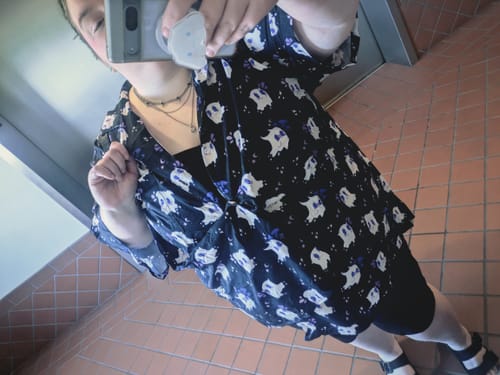 Customer photo review of Anxious Ghosts Purple Button Up Shirt