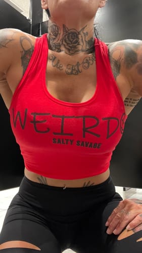 Customer photo review of Ladies “WEIRDO” Racerback Crop Tank