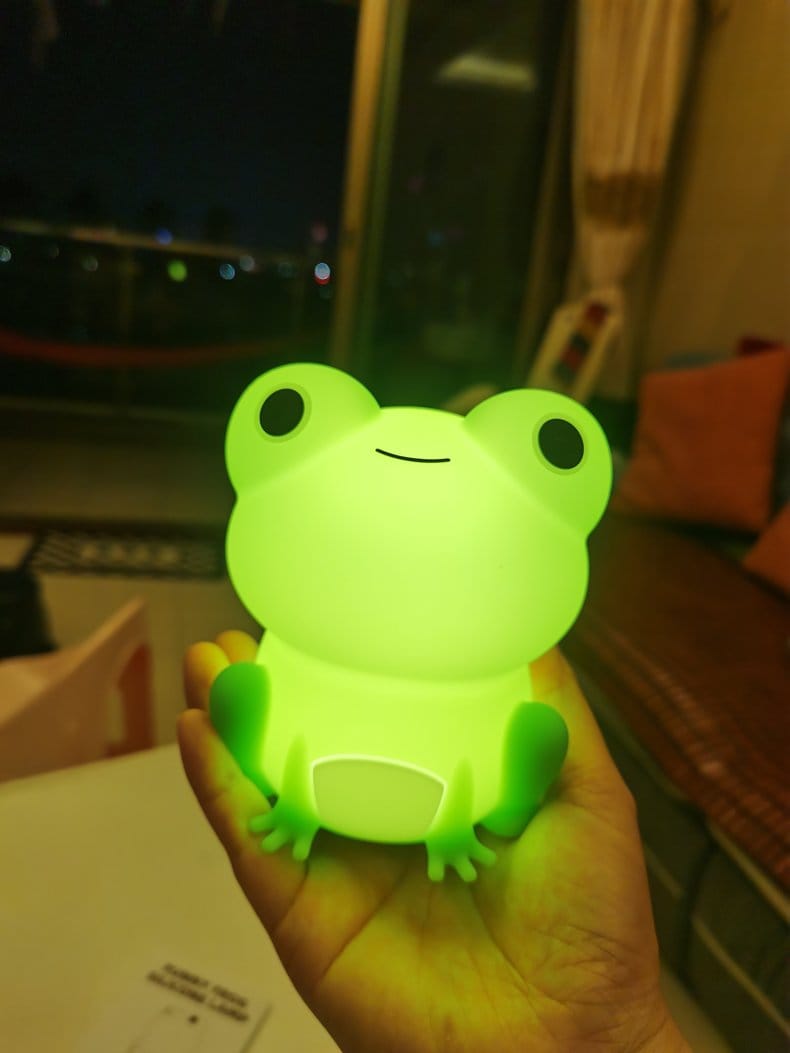 Customer photo review of Huggwaii Squishy Silicone Peculiar Frog LED Night Light - Perfect Gift for Kids and Girls