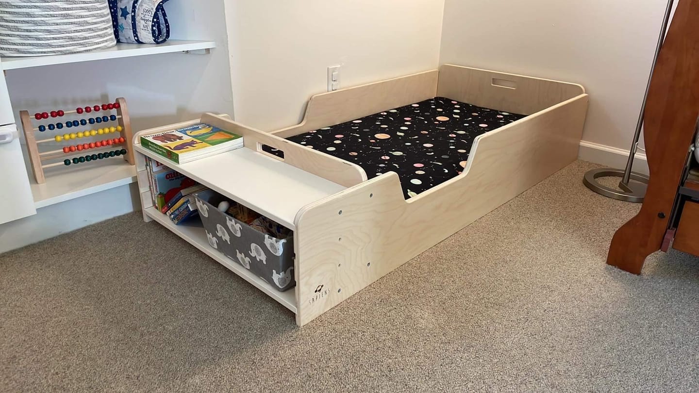 Customer photo review of Montessori Floor Bed With Rails & Shelf (Crib) Made In Canada