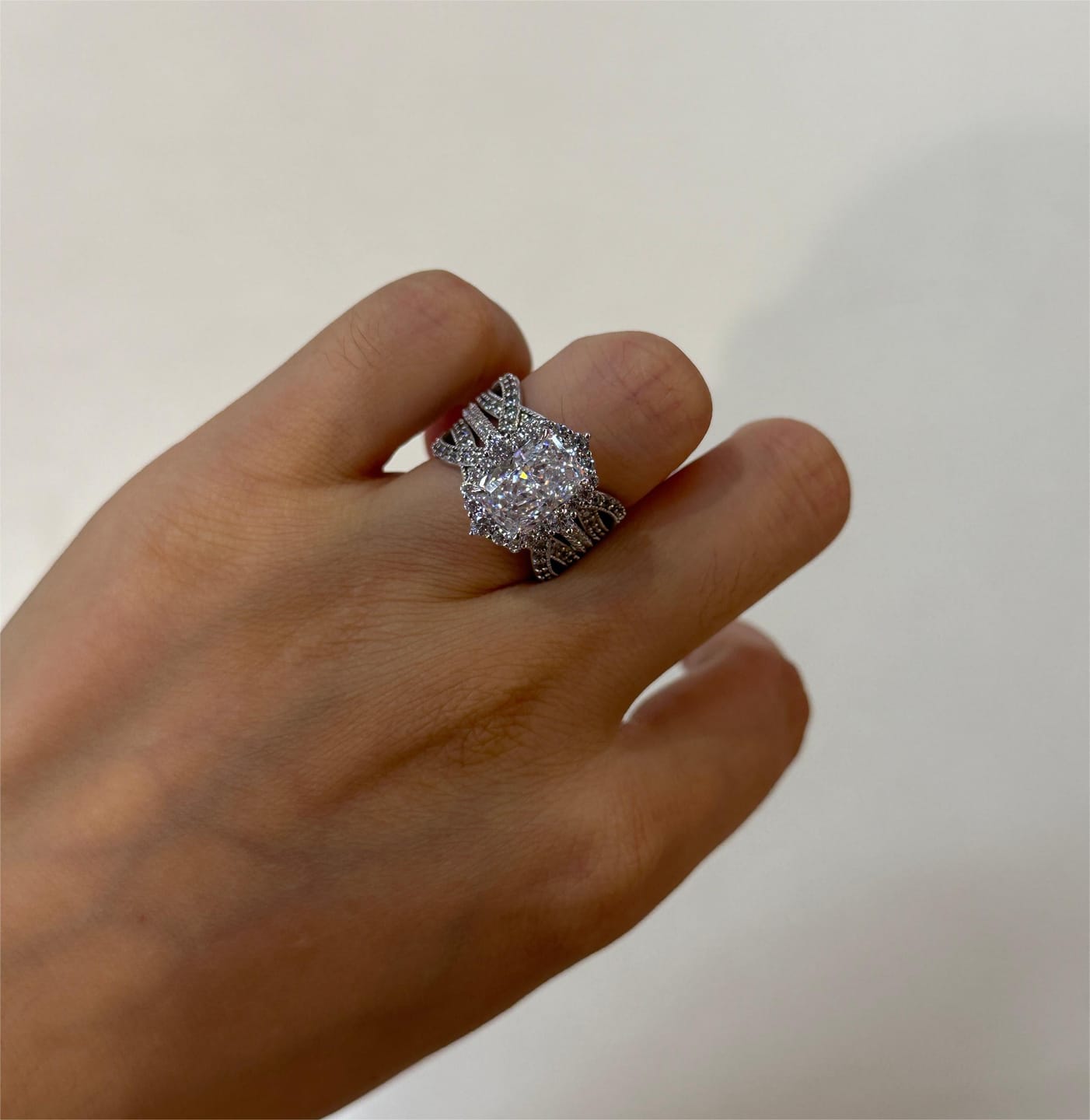 Customer photo review of S925 3.0Ct Radiant Cut Black Stone/White Stone Halo Insert Wedding Ring Set For Women In Sterling Silver
