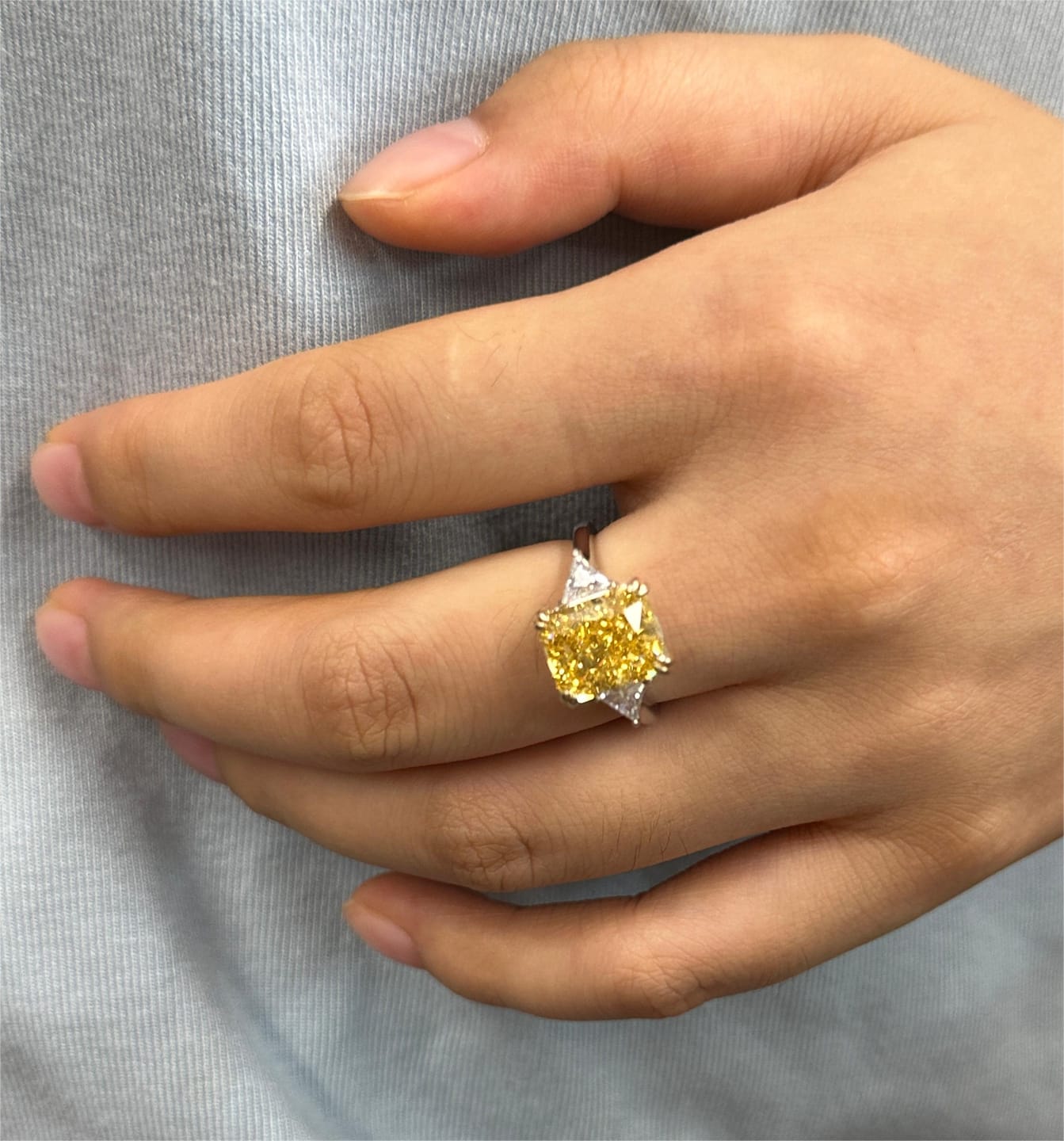 Customer photo review of S925 4.0Ct Radiant & Triangle Cut Yellow Stone Three Stone Engagement Ring In Sterling Silver