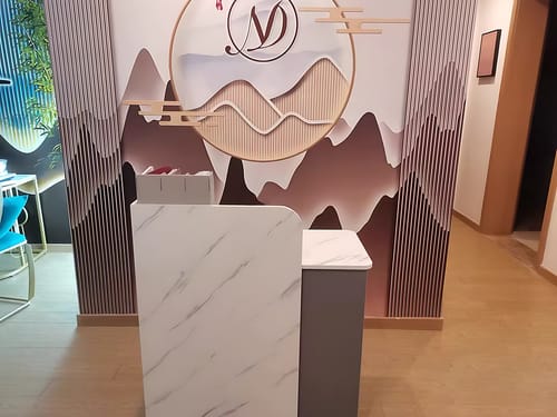 Customer photo review of Small Reception Desk Retail Counter for Checkout Wooden Reception Table