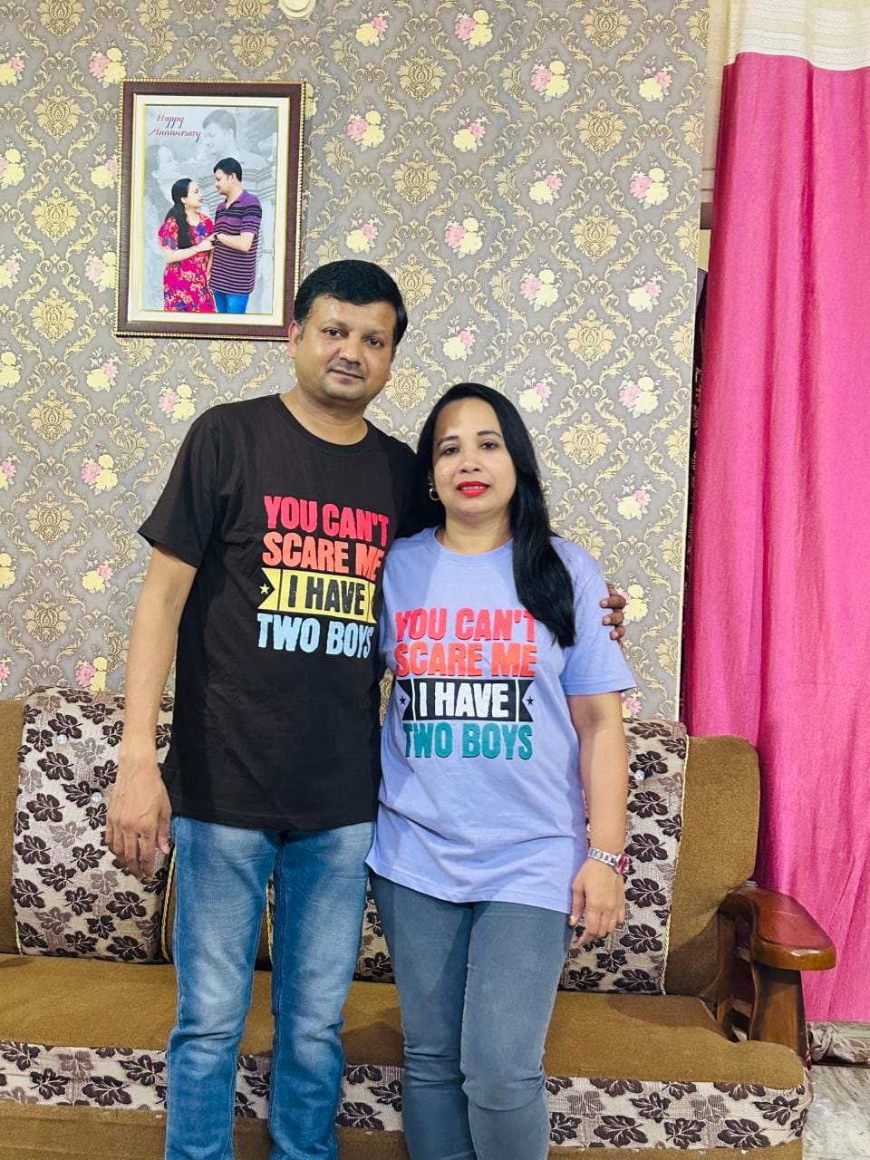 Customer photo review of Funny Mom Son T-shirt in light colors: You Can't Scare Me, I Have Two Boys