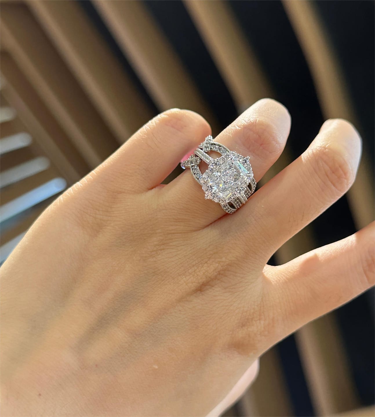 Customer photo review of S925 3.0Ct Radiant Cut Black Stone/White Stone Halo Insert Wedding Ring Set For Women In Sterling Silver