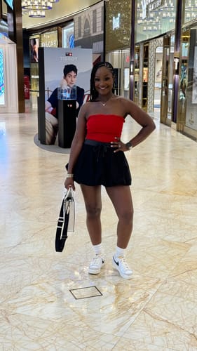 Customer photo review of Drawstring Waist Bubble Mini A-Line Skirt