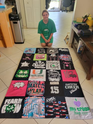 T-shirt quilt with cheerleading, sports themes by Brooke from FL
