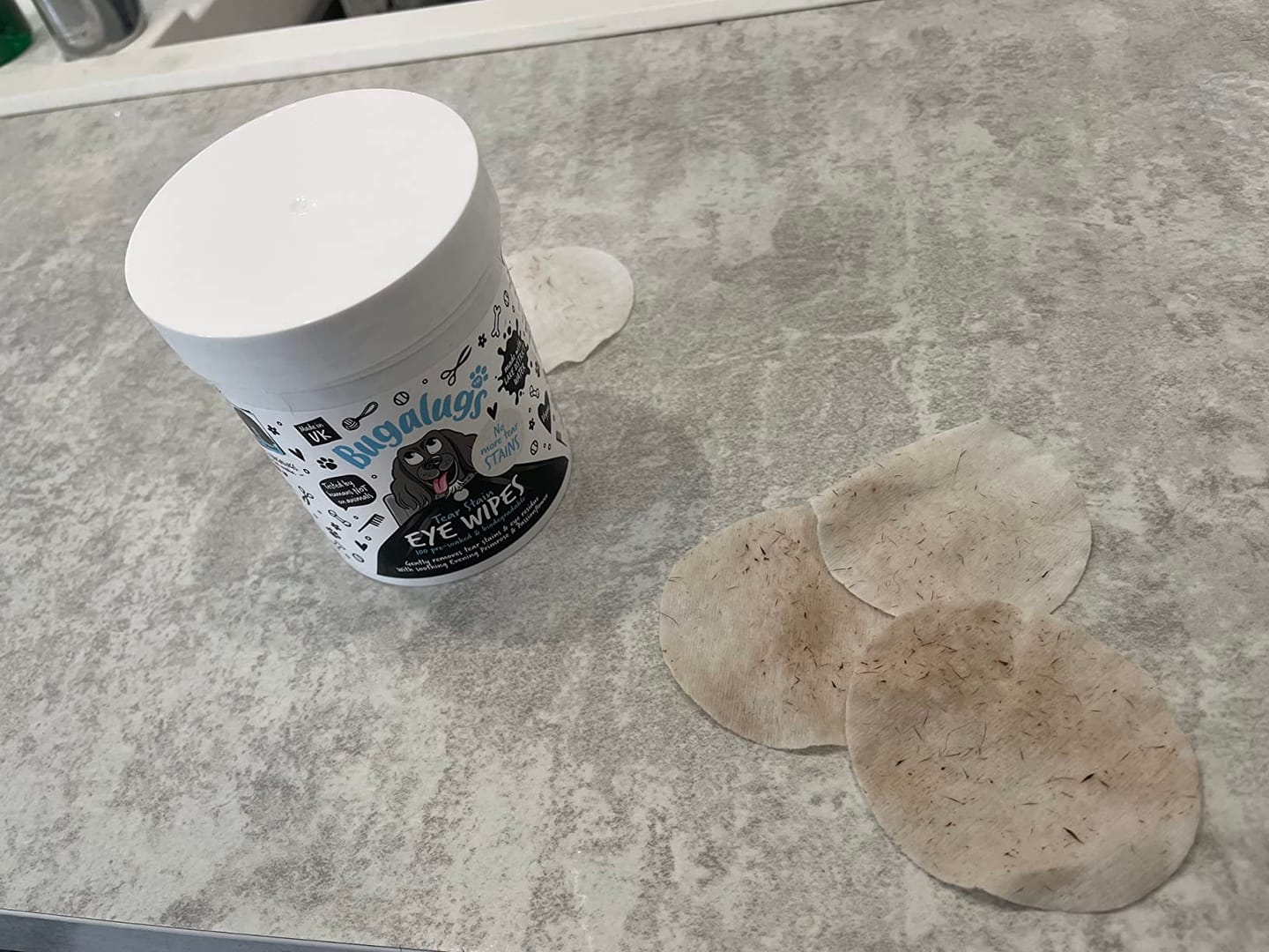 Customer photo review of Tear Stain Eye Wipes for Dogs 100 Pre-soaked & Biodegradable Wipes
