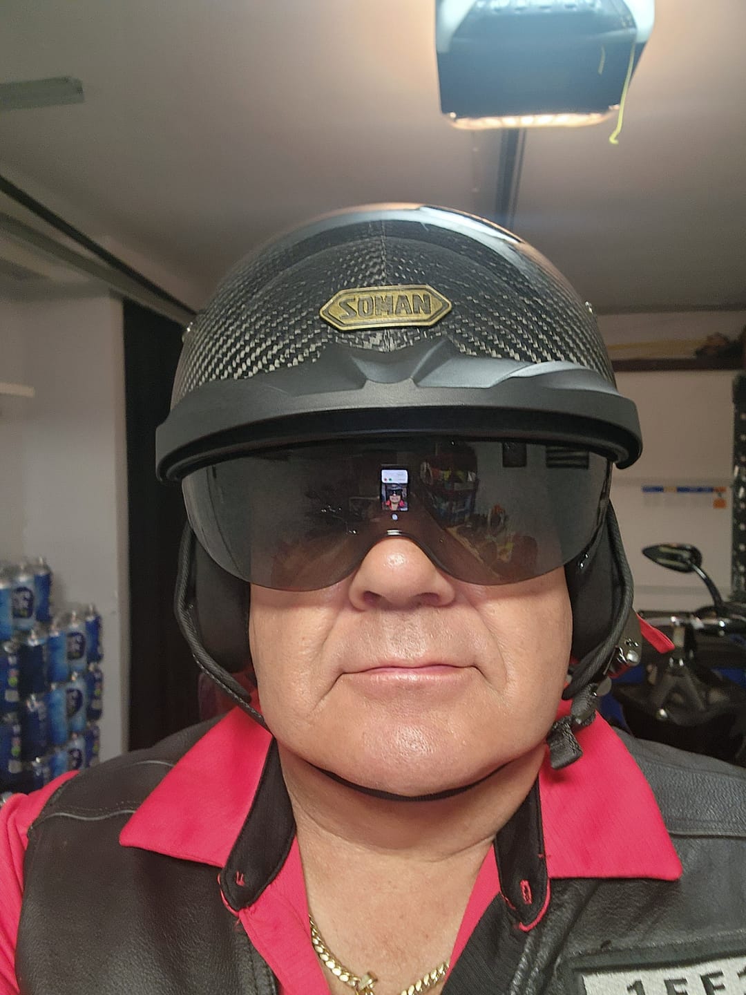 Customer photo review of Sturgis Style Half Helmet with Retractable UV Lens - Carbon Fiber