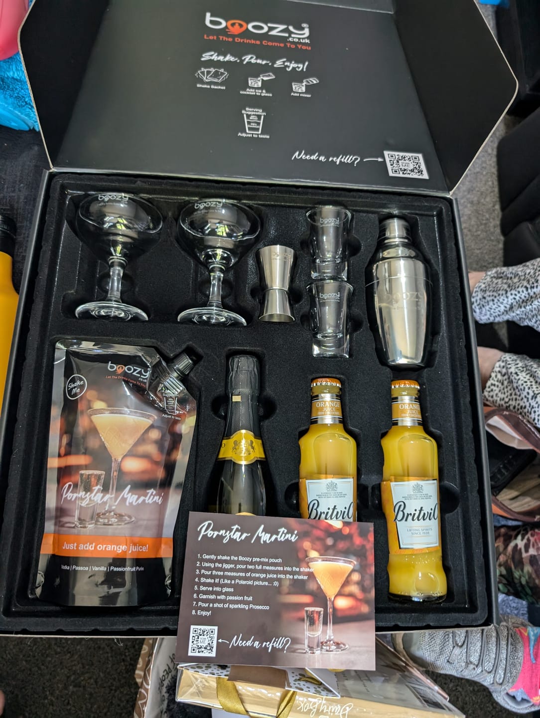 Customer photo review of Boozy Pornstar Martini Cocktail Kit With Shaker & Glasses In Gift Box