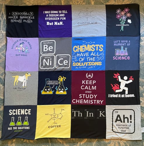 T-shirt quilt with science, chemistry themes by Danielle from NY