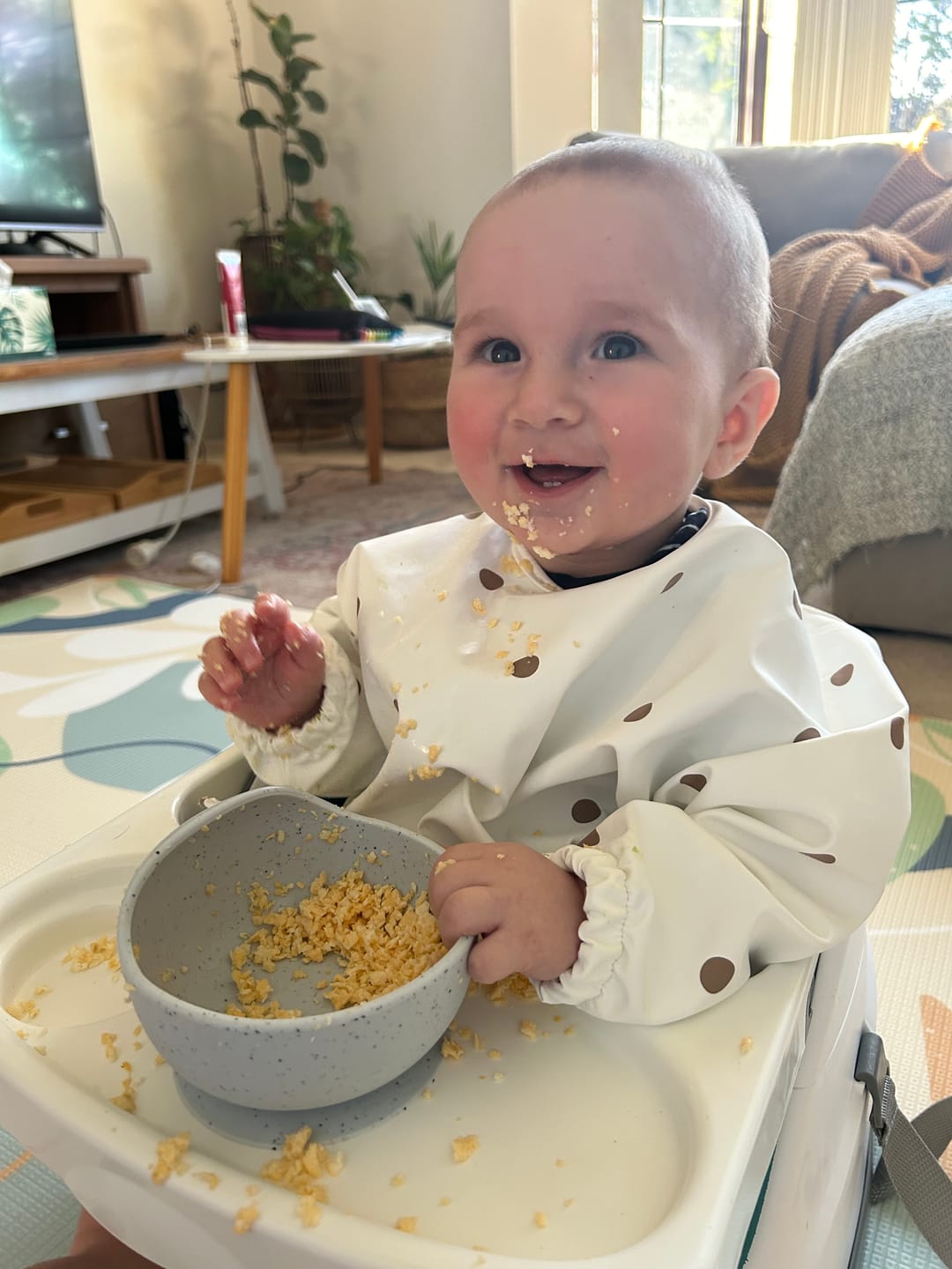 Customer photo review of Mess-Free Smock Bib | Brown Polka Dot
