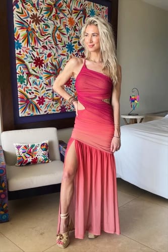 Customer photo review of Leva Mesh Gradient Print One Shoulder Back Lace-up Ruched Stretch Maxi Dress