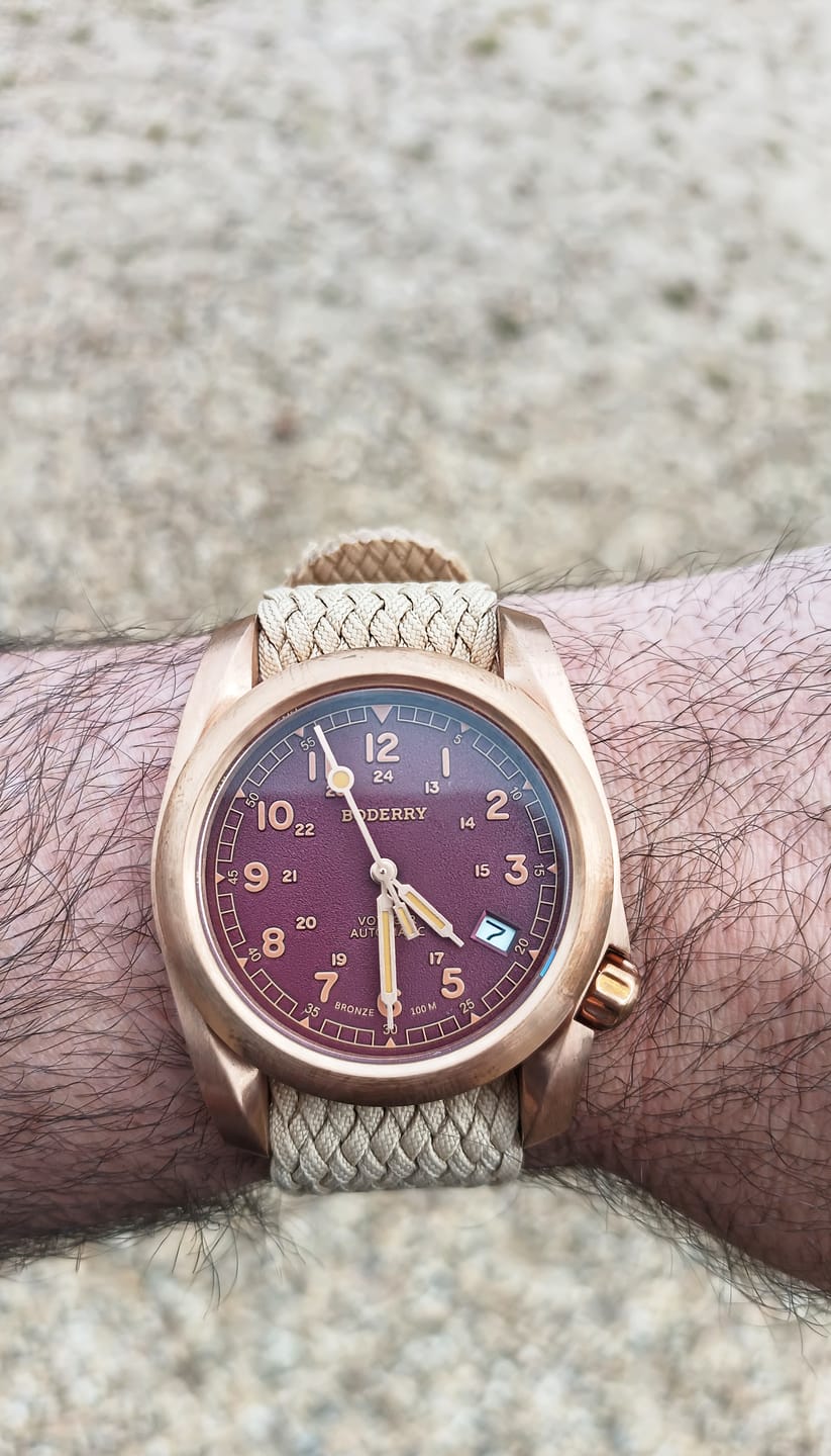 Customer photo review of VOYAGER - 100M Waterproof Bronze Automatic Field Watch | Red